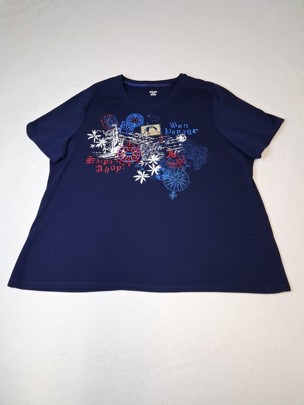 Alia Navy Short Sleeve Tee with Nautical Graphic